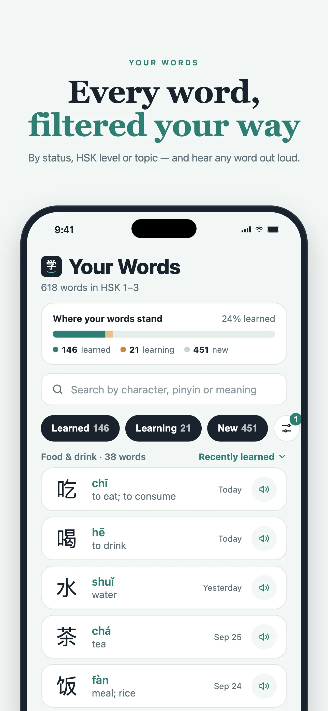 Your Words filtered to food and drink, with learned, learning and new counts